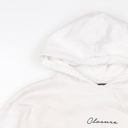 Close-up detail of Closure women’s white cotton pullover hoodie, size UK 10, pullover - logo