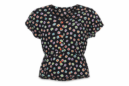 Front view of Tru Blouse women’s black geometric viscose basic button-up, size UK 14, v-neck