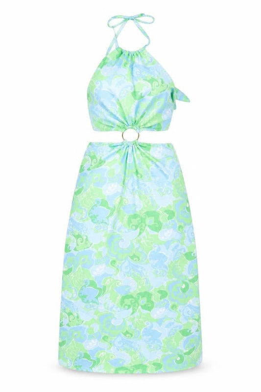 Front view of Miss Selfridge women’s blue geometric polyester shift, size UK 12, halter tie - cut out detail