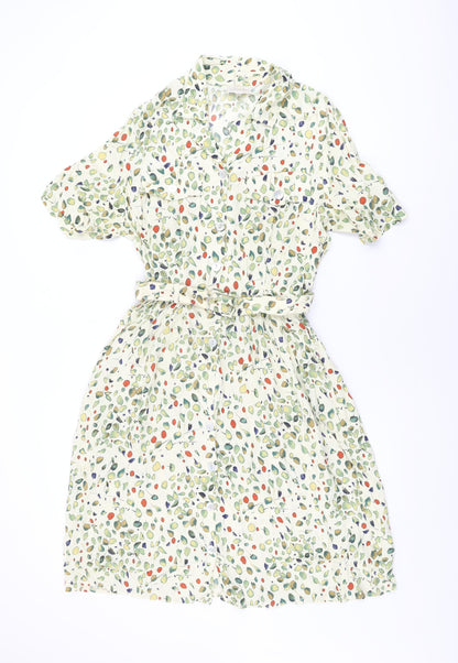 Formalities Womens Ivory Geometric Viscose A-Line Size 14 Collared Button - Belted