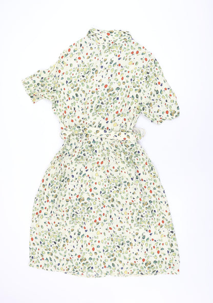 Formalities Womens Ivory Geometric Viscose A-Line Size 14 Collared Button - Belted