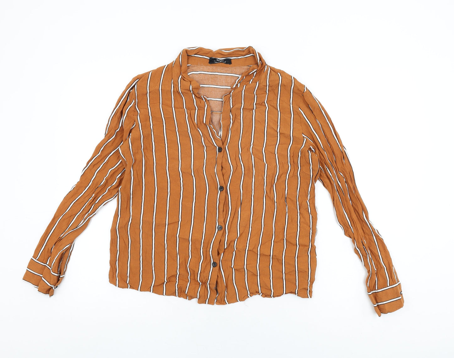 Bershka Womens Orange Striped Viscose Basic Button-Up Size L Collared