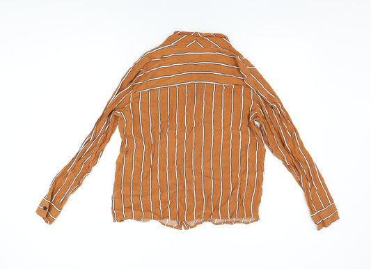 Bershka Womens Orange Striped Viscose Basic Button-Up Size L Collared