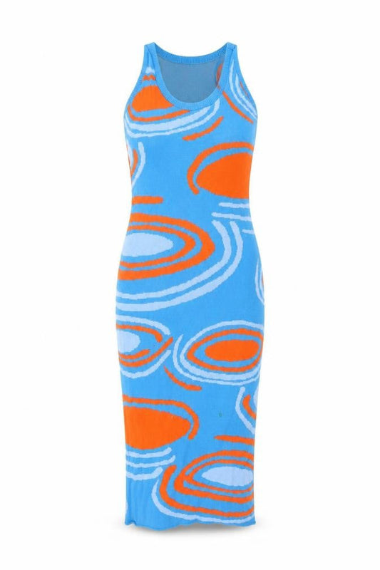 Front view of I SAW IT FIRST women’s blue geometric acrylic bodycon, size UK 8, halter pullover