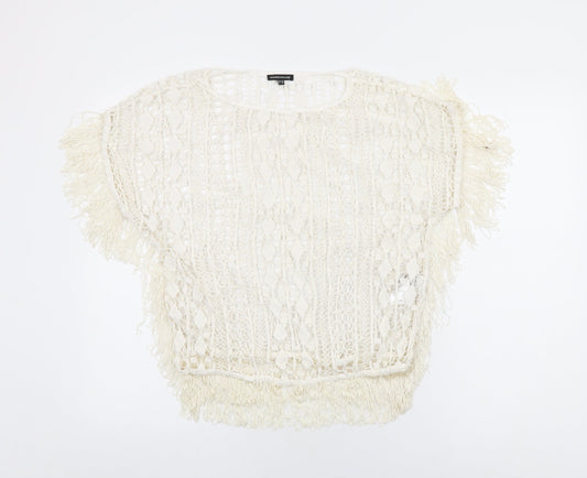 Womens UK Size 10 Warehouse Ivory Basic T-Shirt