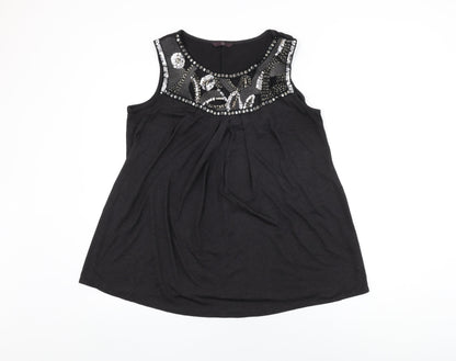 Evans Womens Black Geometric Polyester Basic T-Shirt Size 16 Round Neck - Sequin Detail