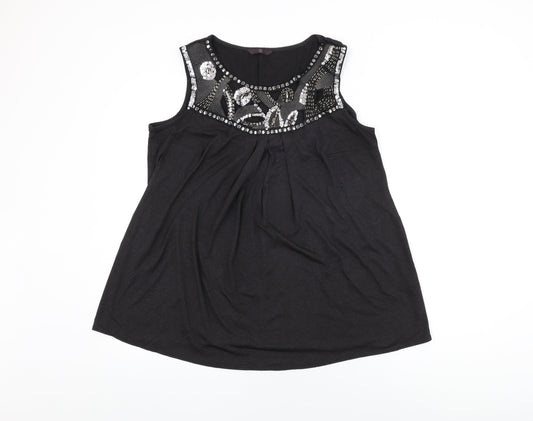 Evans Womens Black Geometric Polyester Basic T-Shirt Size 16 Round Neck - Sequin Detail