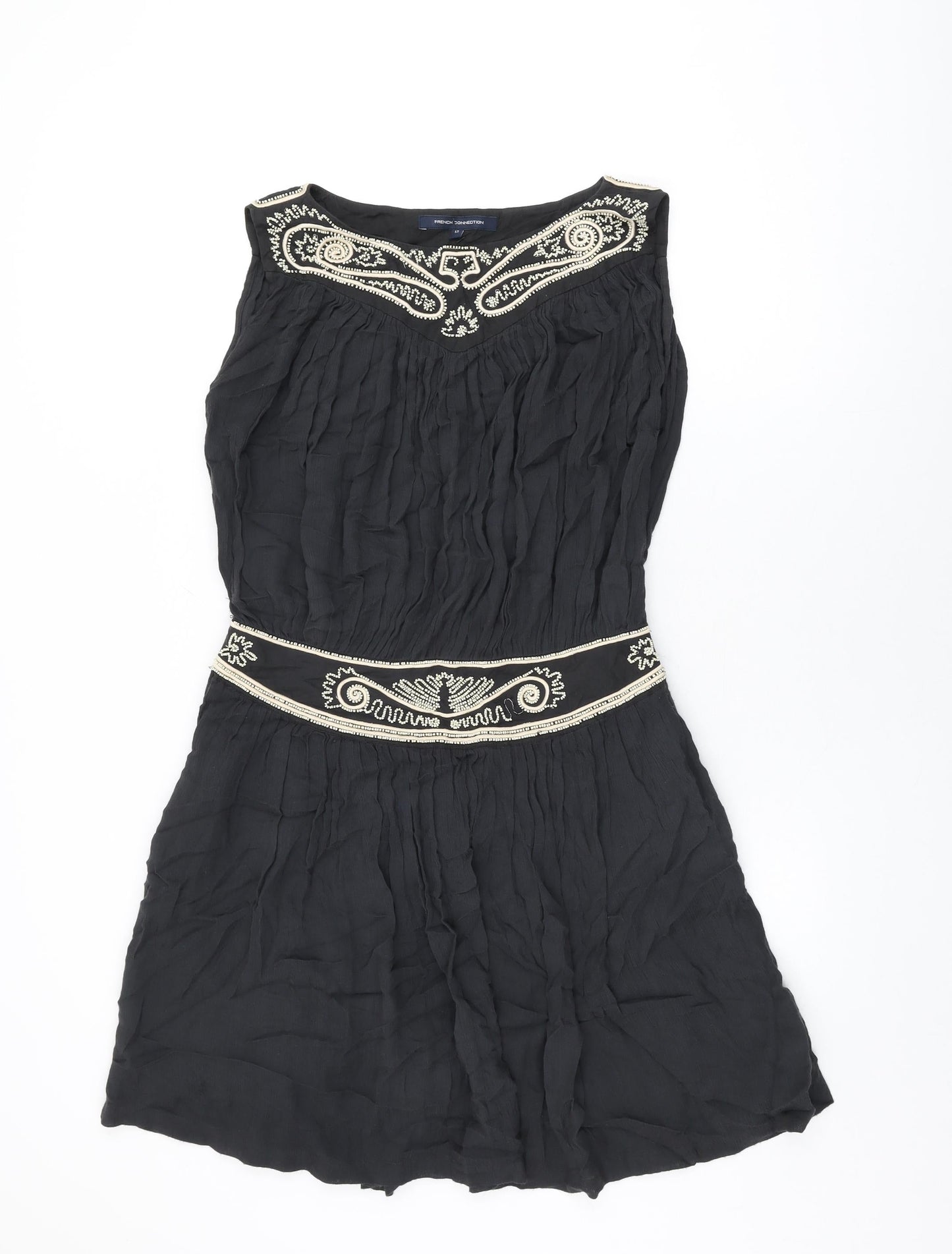 French Connection Womens Black Viscose Shift Size 12 Boat Neck Zip - Beaded Detail