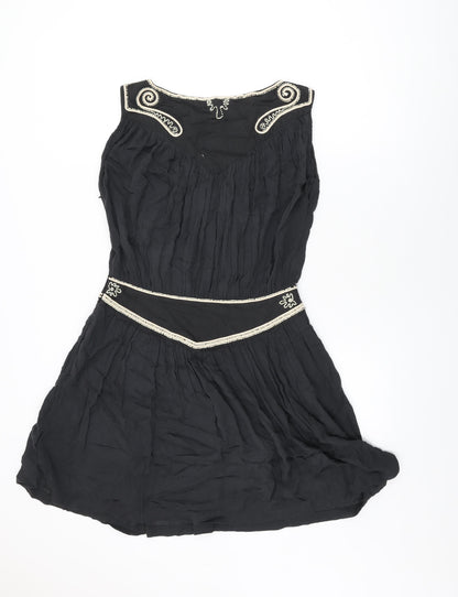 French Connection Womens Black Viscose Shift Size 12 Boat Neck Zip - Beaded Detail