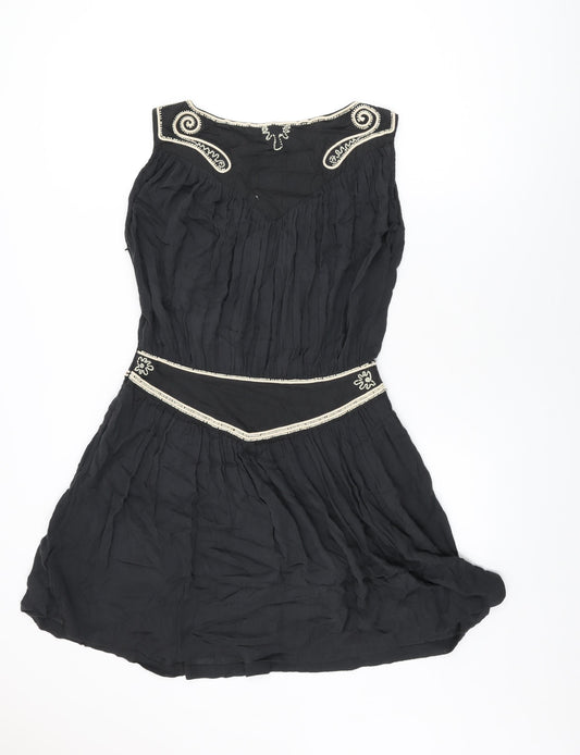 French Connection Womens Black Viscose Shift Size 12 Boat Neck Zip - Beaded Detail