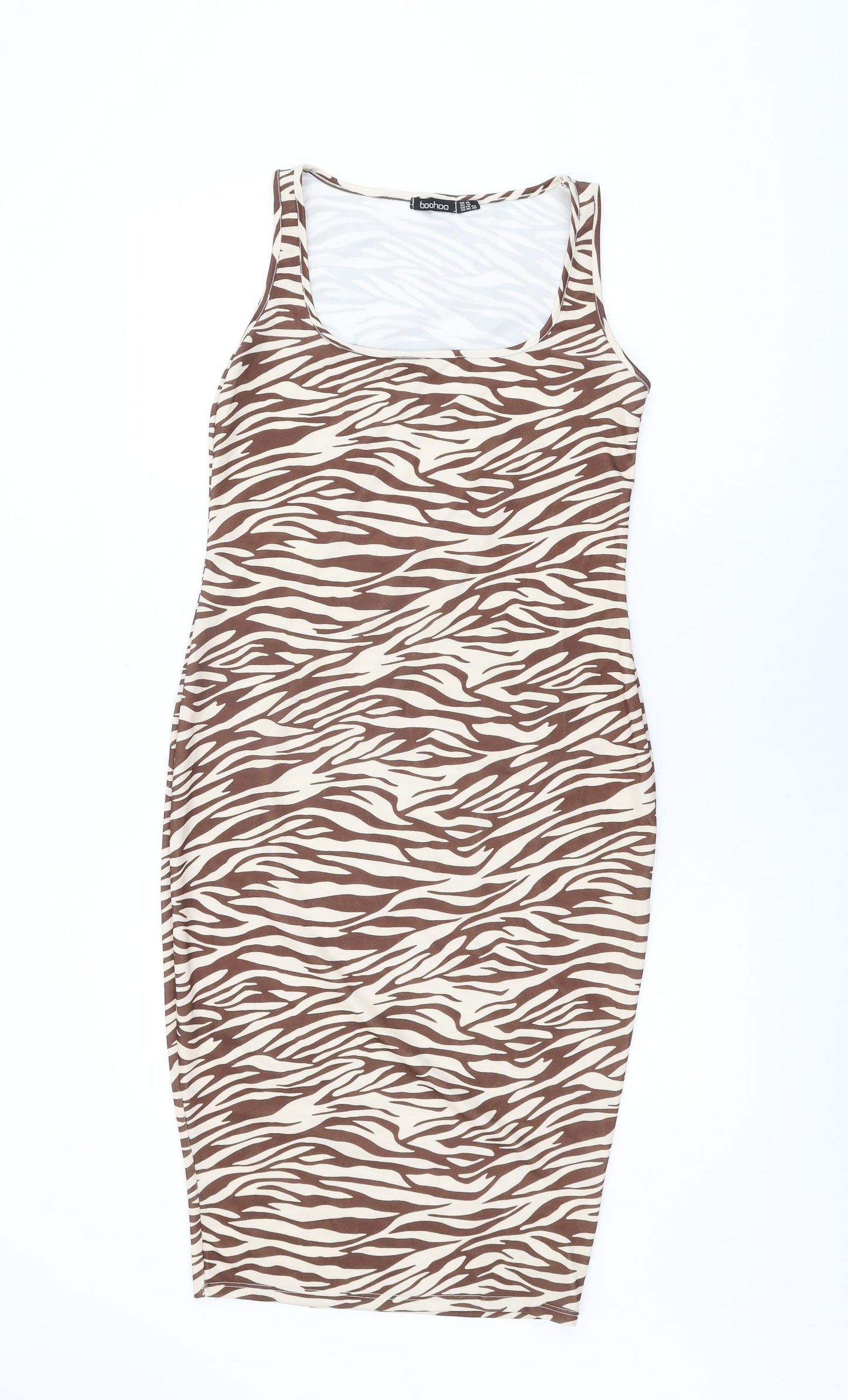 Boohoo Womens Beige Animal Print Polyester Bodycon Size 14 Scoop Neck Pullover