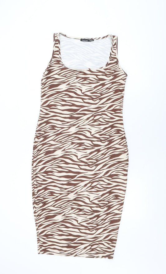 Boohoo Womens Beige Animal Print Polyester Bodycon Size 14 Scoop Neck Pullover