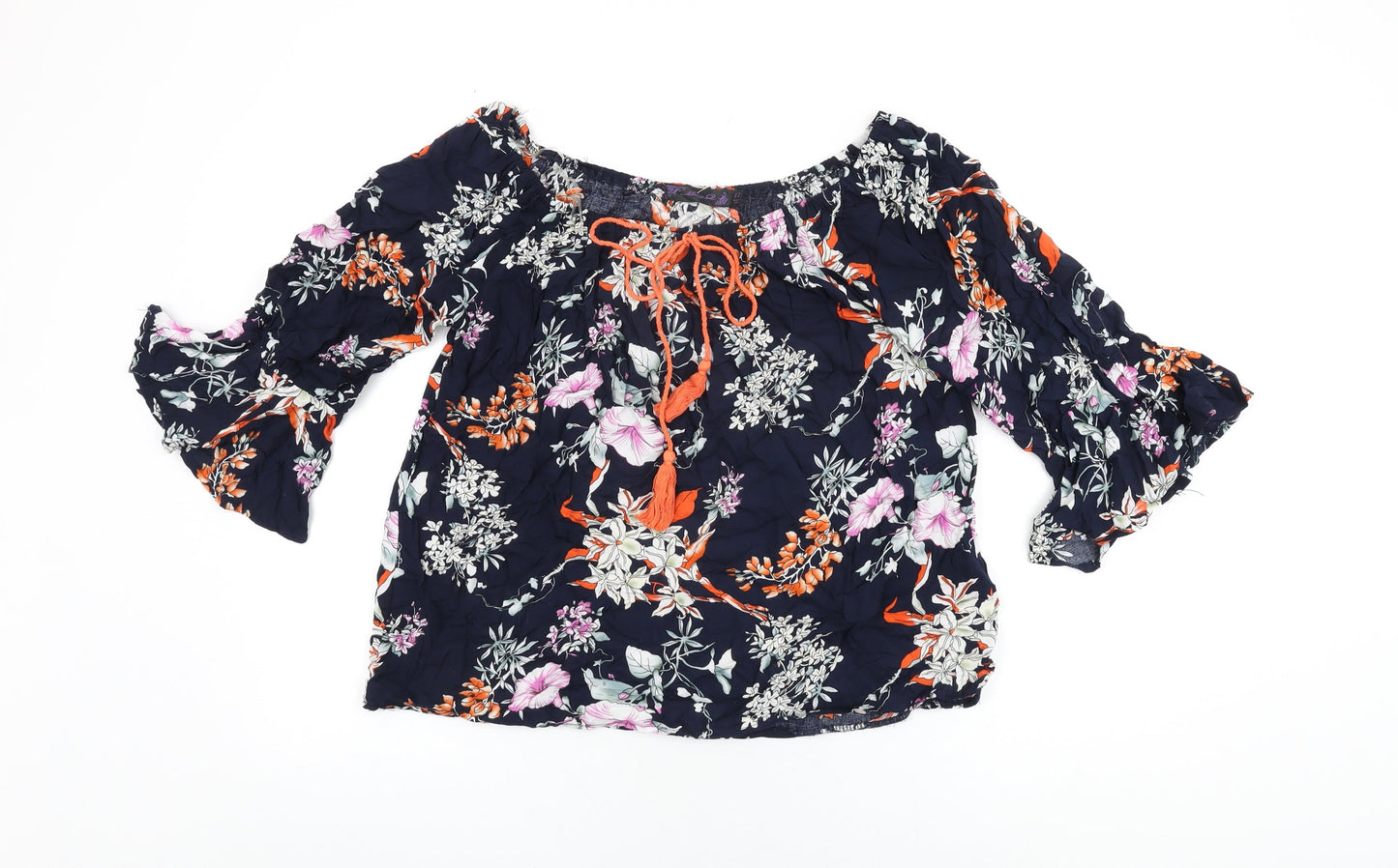 Missy Womens Blue Floral Viscose Basic T-Shirt Size 12 Scoop Neck