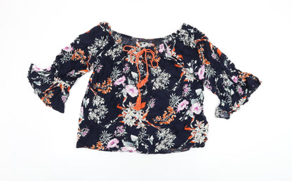 Missy Womens Blue Floral Viscose Basic T-Shirt Size 12 Scoop Neck
