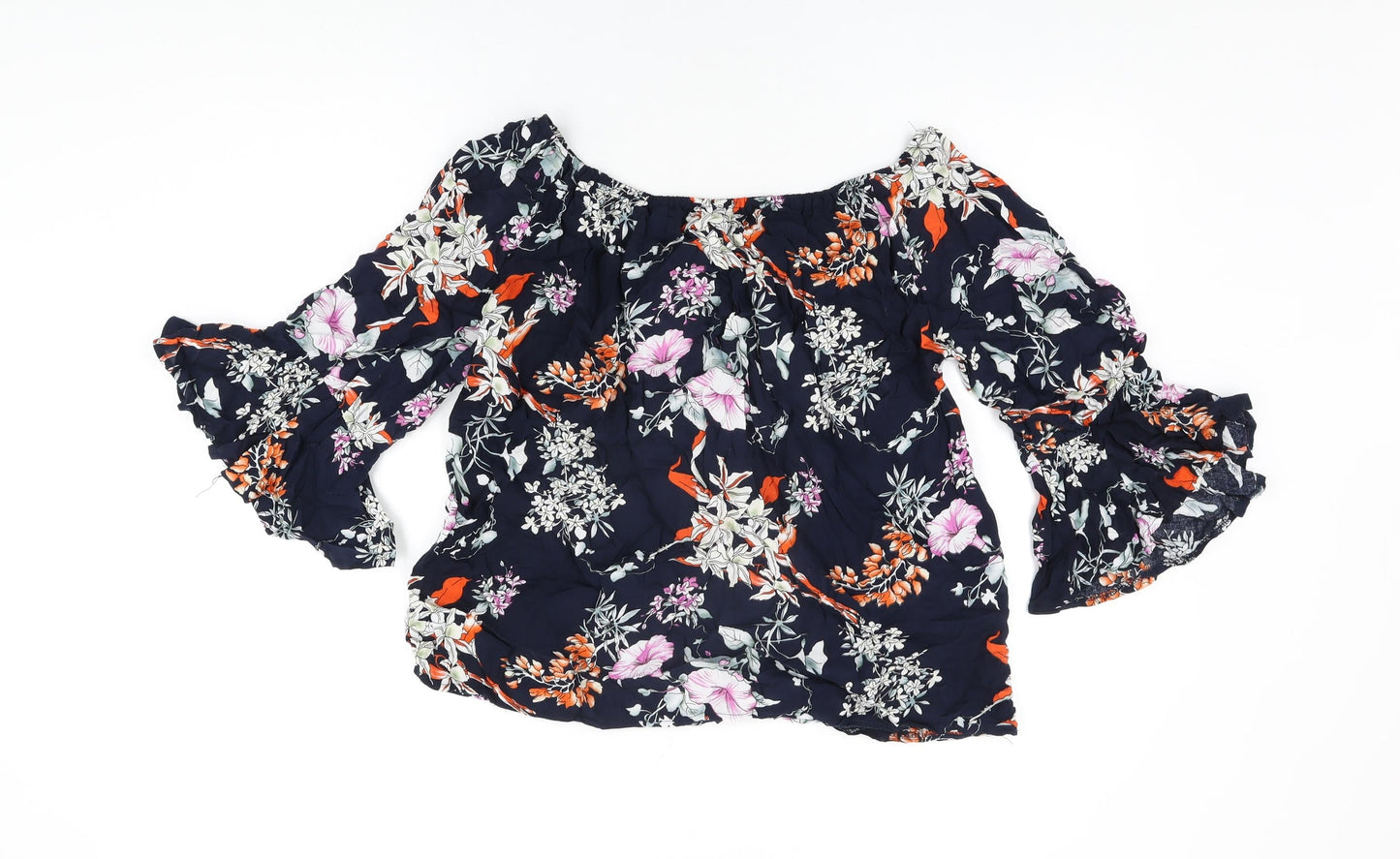Missy Womens Blue Floral Viscose Basic T-Shirt Size 12 Scoop Neck