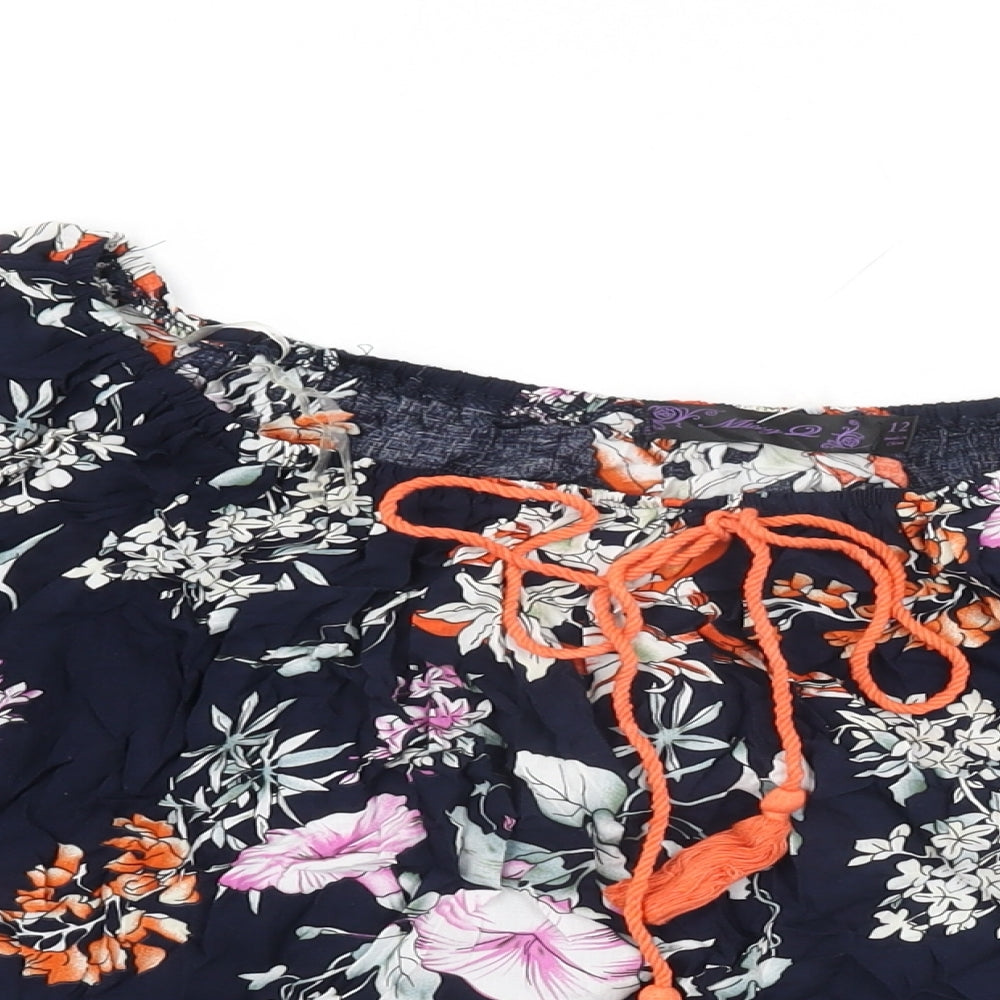 Missy Womens Blue Floral Viscose Basic T-Shirt Size 12 Scoop Neck