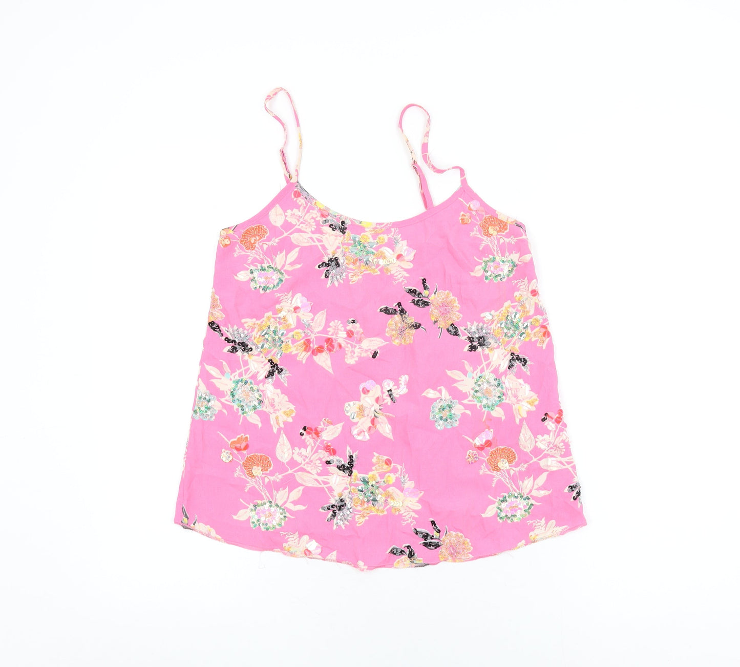 Miss Selfridge Womens Pink Floral Polyester Camisole T-Shirt Size 4 Round Neck - Sequin and Beaded Detail