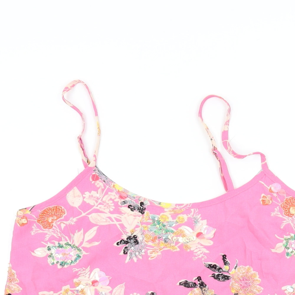 Miss Selfridge Womens Pink Floral Polyester Camisole T-Shirt Size 4 Round Neck - Sequin and Beaded Detail