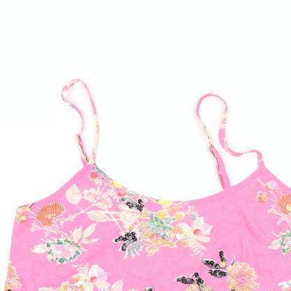 Miss Selfridge Womens Pink Floral Polyester Camisole T-Shirt Size 4 Round Neck - Sequin and Beaded Detail