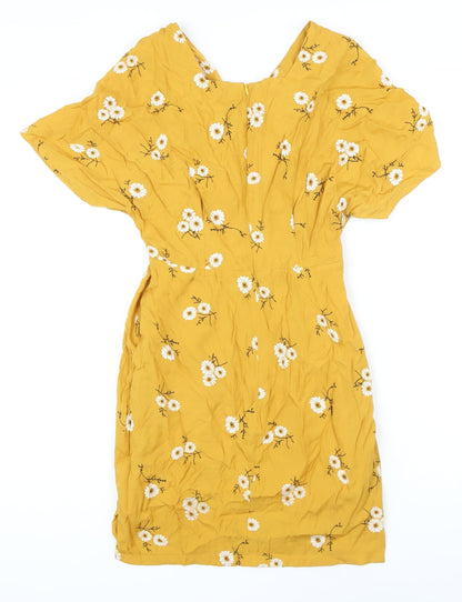 lep Womens Yellow Floral Polyester Blend Mini Size S V-Neck Zip