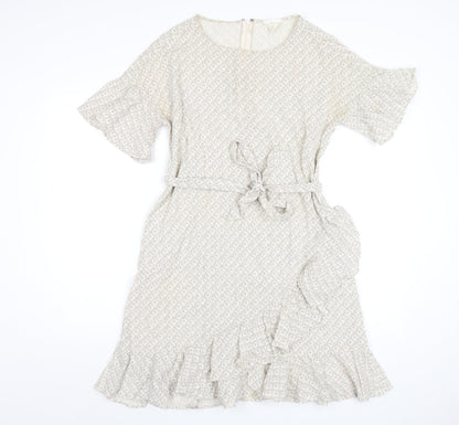 H&M Womens Ivory Geometric Cotton A-Line Size 12 Round Neck Zip