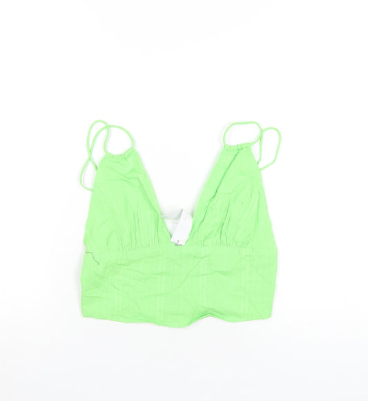 Bershka Womens Green Cotton Cropped T-Shirt Size M V-Neck