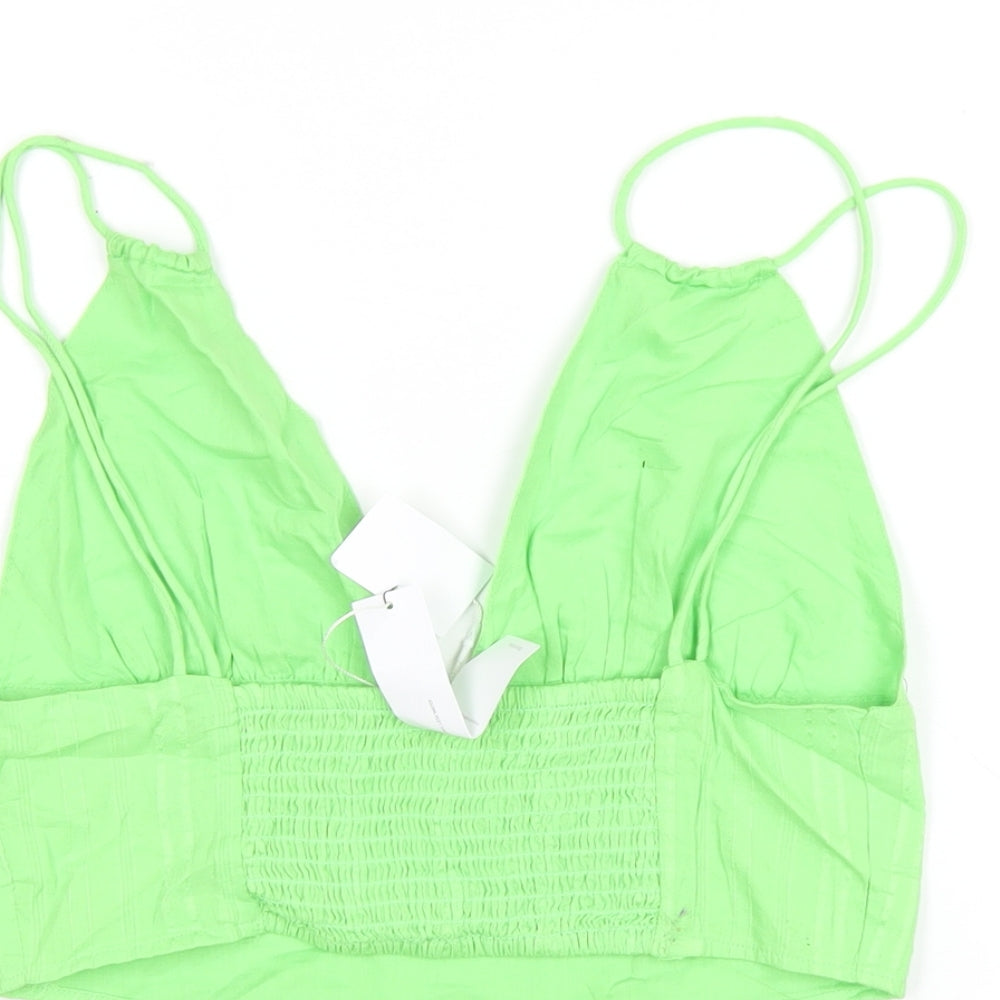 Bershka Womens Green Cotton Cropped T-Shirt Size M V-Neck