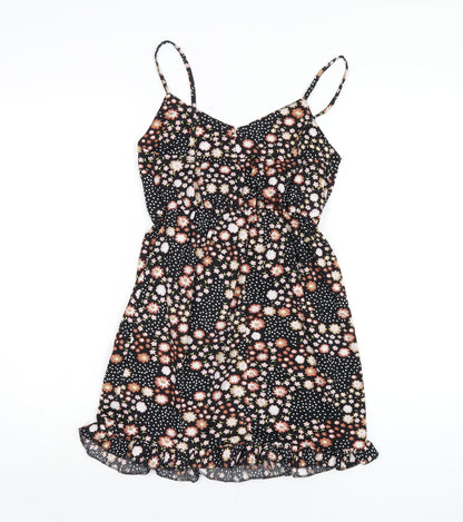 Topshop Womens Black Floral Polyester A-Line Size 8 V-Neck Button