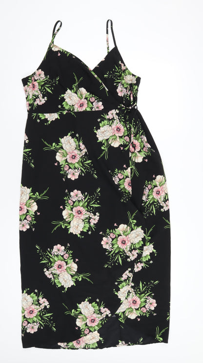 Topshop Womens Black Floral Polyester Wrap Dress Size 14 V-Neck Tie