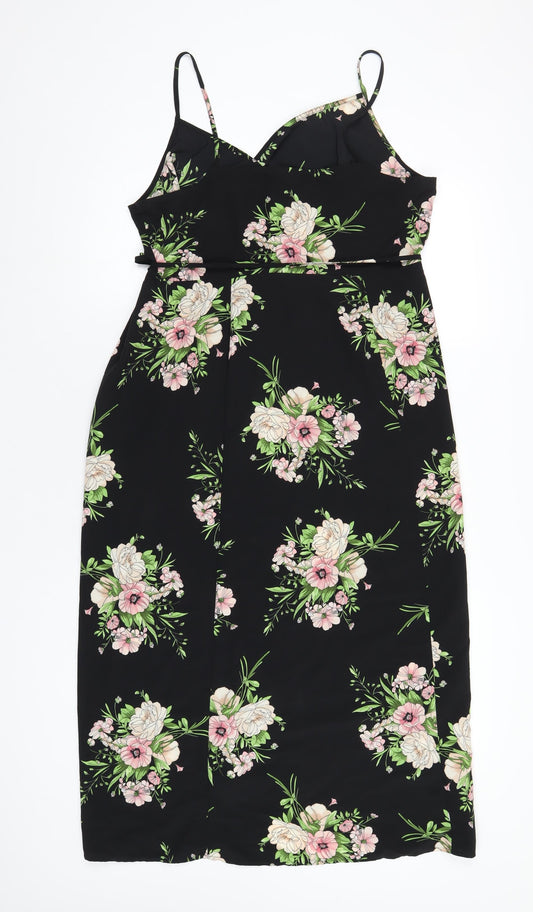 Topshop Womens Black Floral Polyester Wrap Dress Size 14 V-Neck Tie