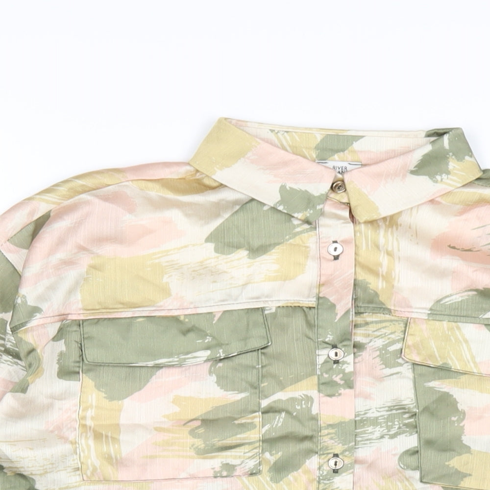 Close-up detail of River Island girls’ multicoloured geometric polyester basic button-up, size 9-10, years collared button