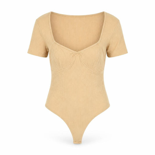 Front view of ASOS women’s beige cotton bodysuit one-piece, size UK 8, snap