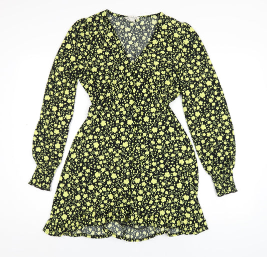 Miss Selfridge Womens Black Floral Polyester A-Line Size 10 V-Neck Pullover