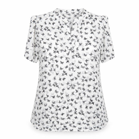 Front view of Red Herring women’s white geometric polyester basic t-shirt, size UK 12, v-neck