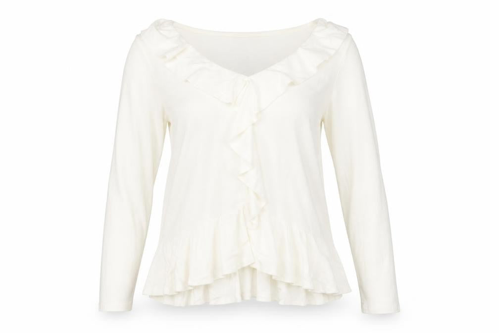 Front view of Only Carmakoma women’s ivory v-neck acrylic jumper, size UK 18