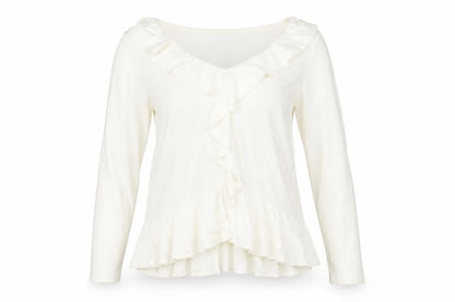 Front view of Only Carmakoma women’s ivory v-neck acrylic jumper, size UK 18
