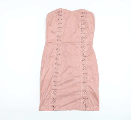PRETTYLITTLETHING Womens Pink Polyester Bodycon Size 10 Sweetheart Zip - Suede