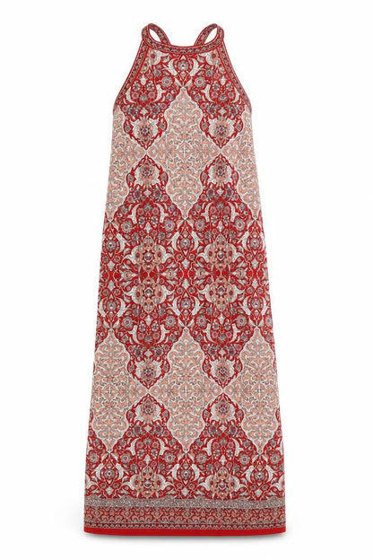 Max Studio Womens Red Geometric Polyester Maxi Size L Round Neck Pullover