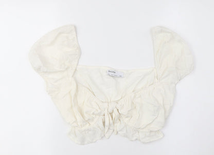 Bershka Women's Ivory Cropped Blouse, Size 8, Puff Sleeve