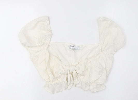 Bershka Women's Ivory Cropped Blouse, Size 8, Puff Sleeve