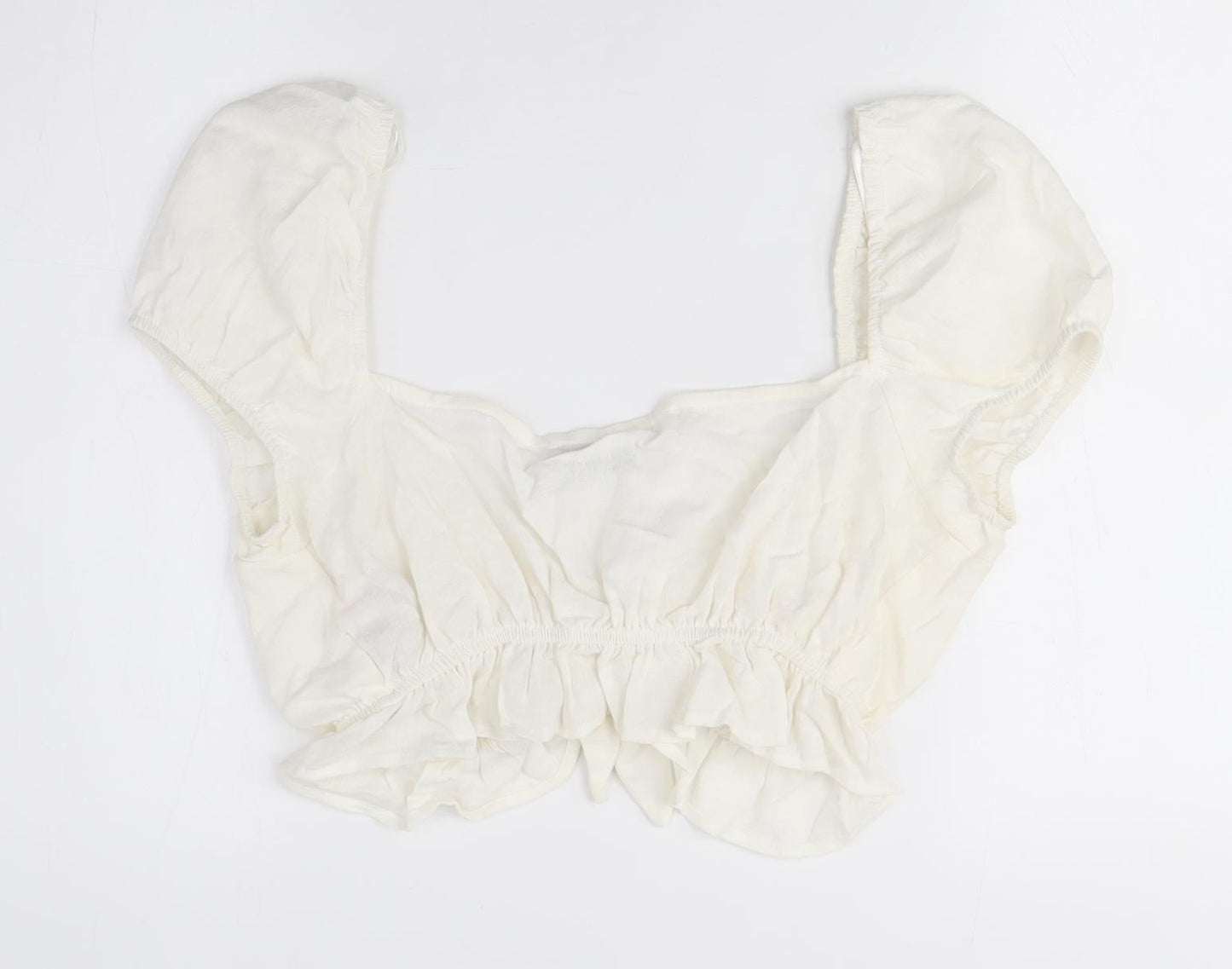 Bershka Women's Ivory Cropped Blouse, Size 8, Puff Sleeve