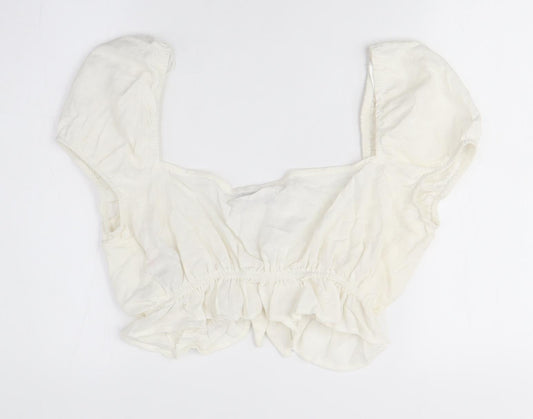 Bershka Women's Ivory Cropped Blouse, Size 8, Puff Sleeve