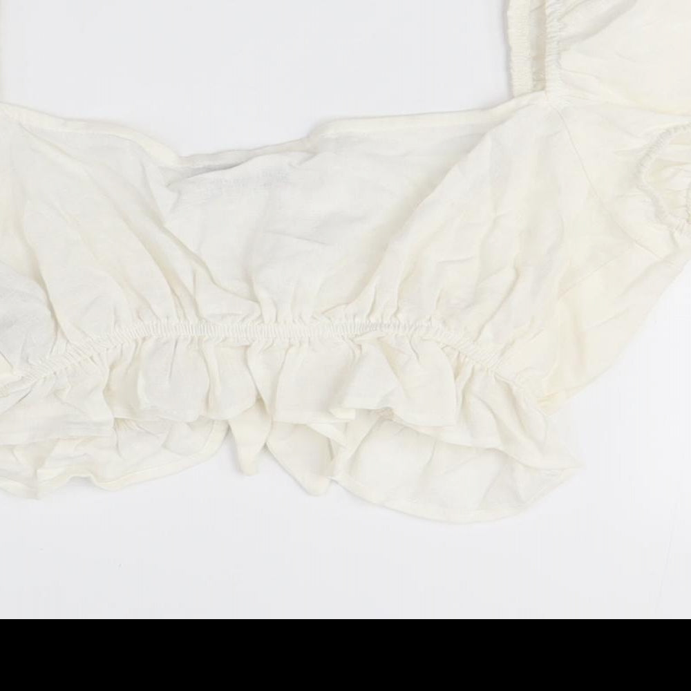 Bershka Women's Ivory Cropped Blouse, Size 8, Puff Sleeve