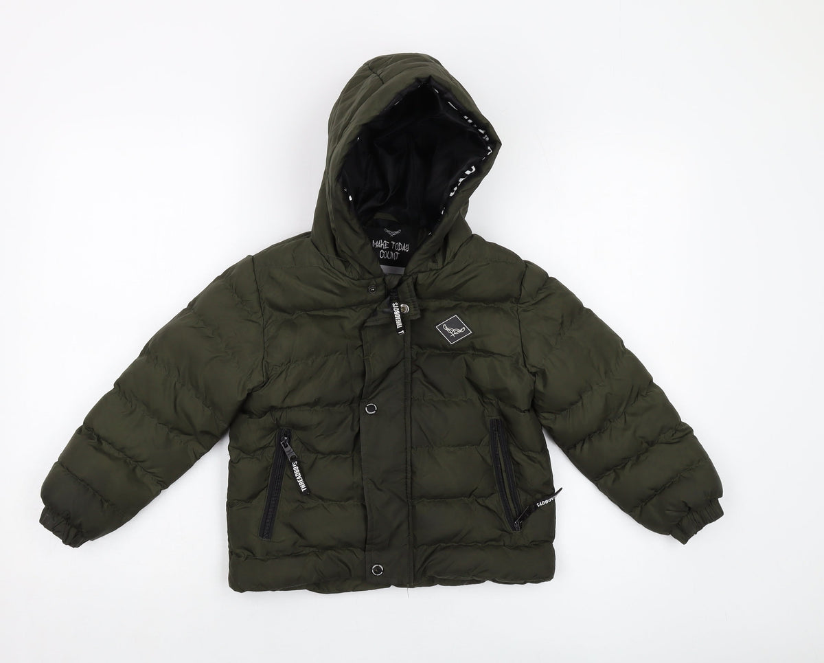 Additional front view of Threadboys boys’ green puffer jacket jacket, size 5-6, years zip