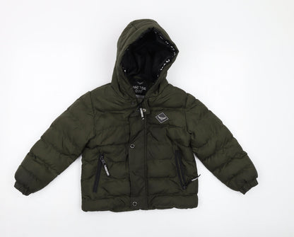 Additional front view of Threadboys boys’ green puffer jacket jacket, size 5-6, years zip
