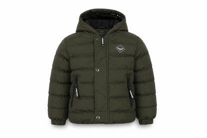 Front view of Threadboys boys’ green puffer jacket jacket, size 5-6, years zip