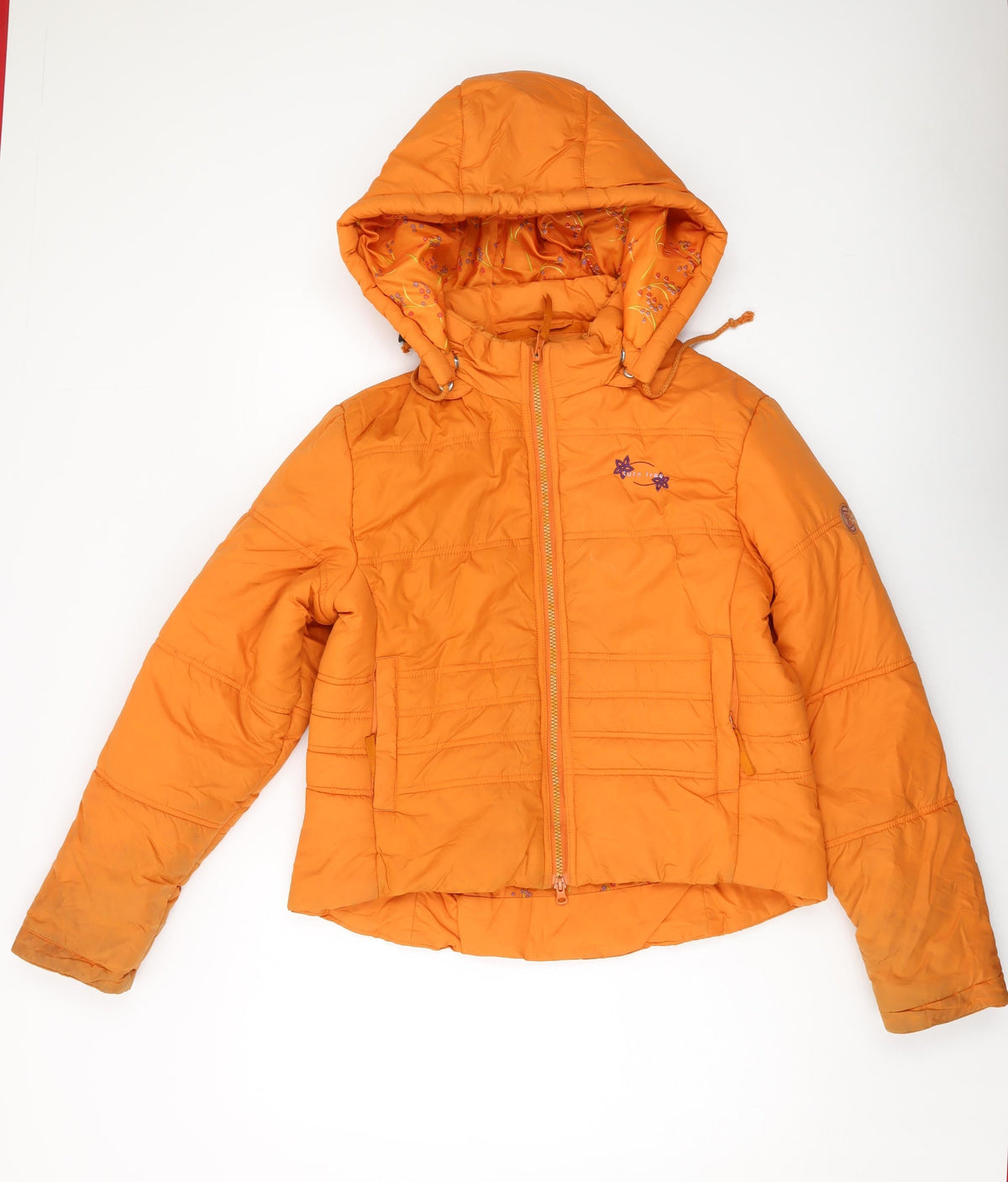 Additional front view of Sfera women’s orange puffer jacket jacket, size L, zip