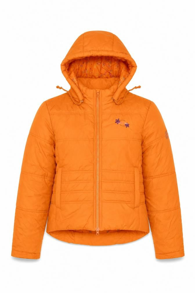 Front view of Sfera women’s orange puffer jacket jacket, size L, zip