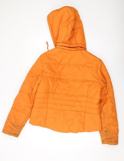 Back view of Sfera women’s orange puffer jacket jacket, size L, zip