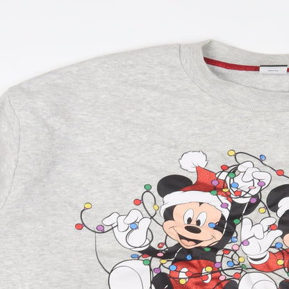 Close-up detail of Mickey Mouse women’s grey cotton pullover sweatshirt, size UK 20, pullover - christmas